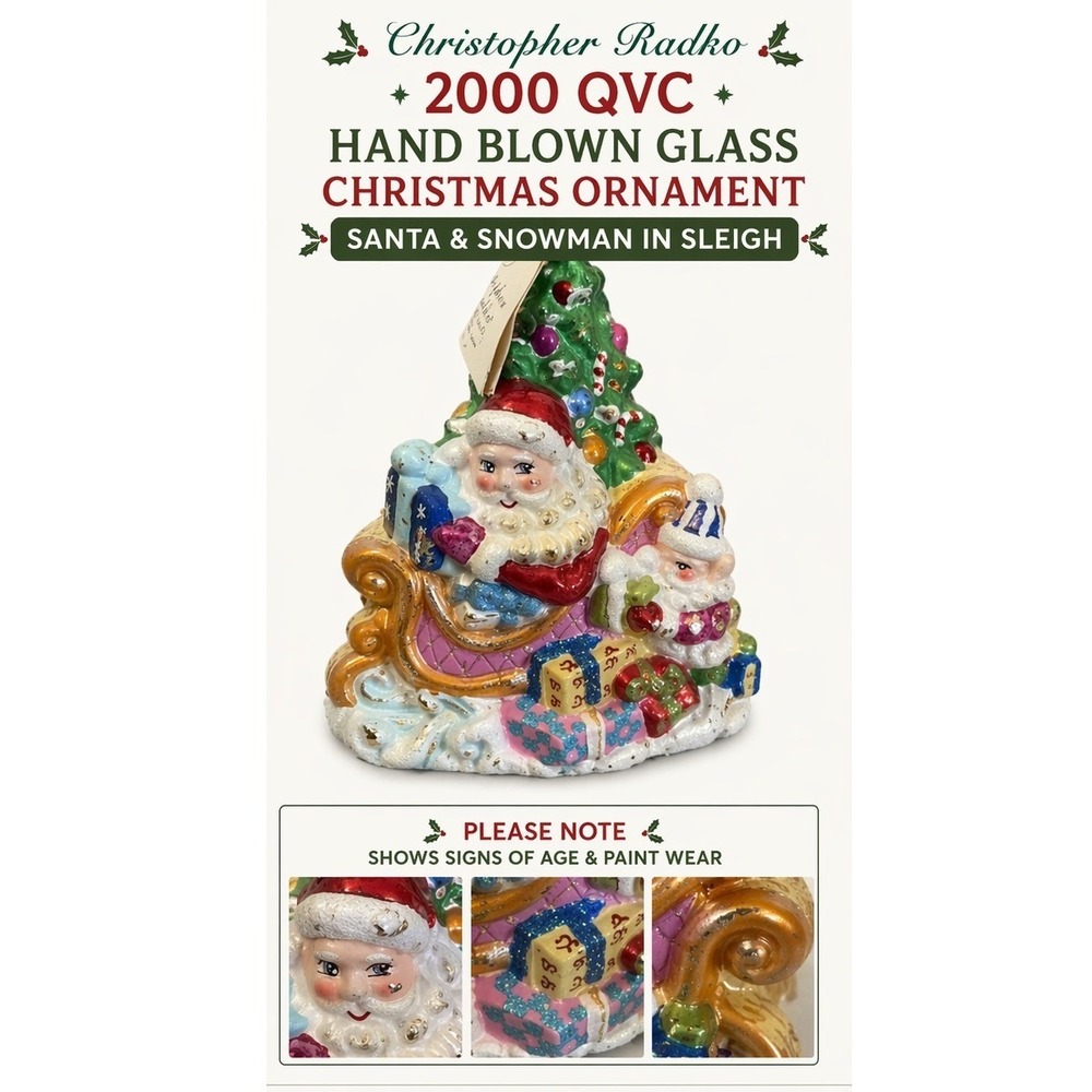 Christopher Radko 2000 QVC Santa Snowman Sleigh Glass Christmas Ornament Vintage